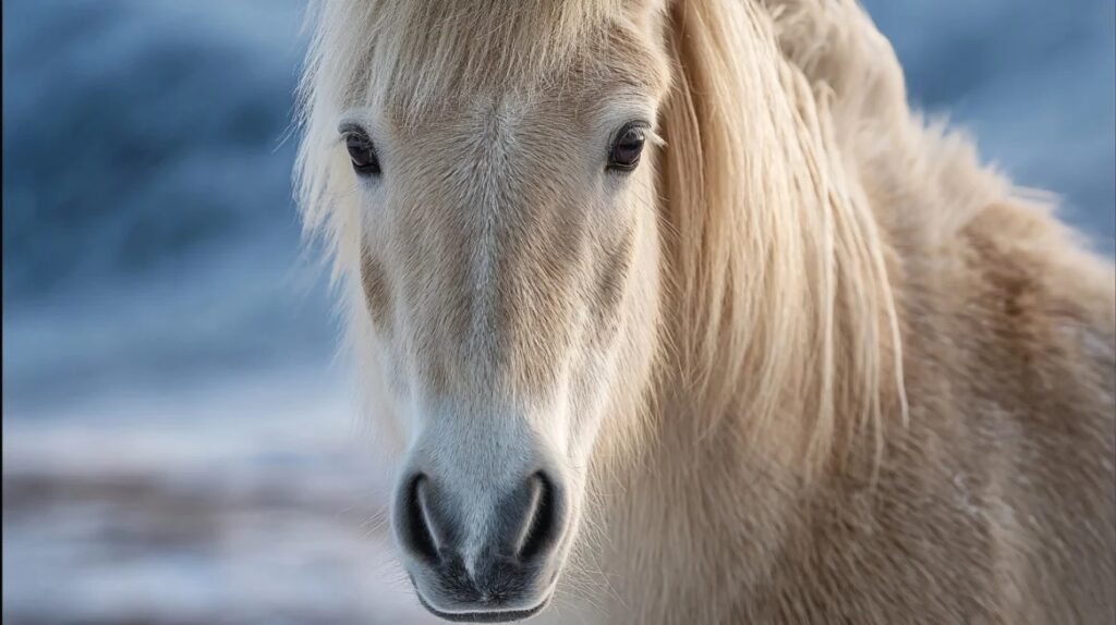 Porträt eines cremefarbenen Islandpferdes im Winter mit klarem Blick