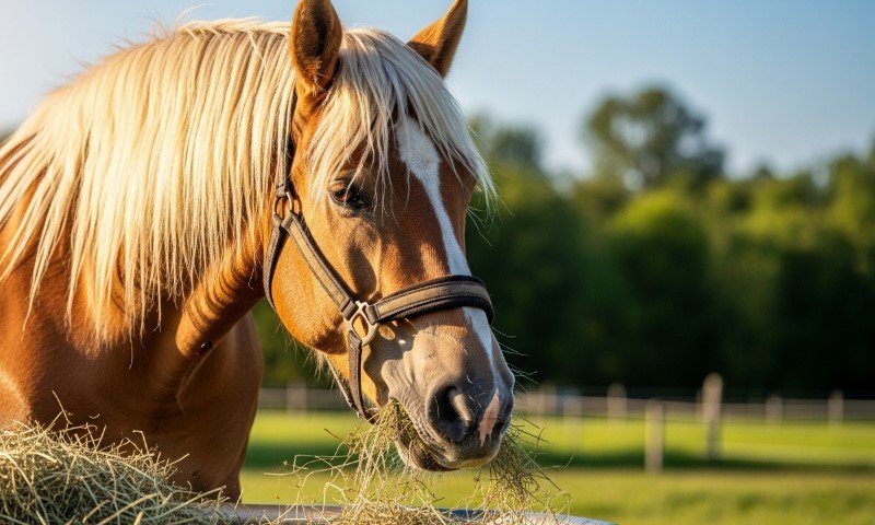 Konj jede sijeno na polju