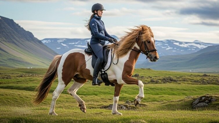 Eine Frau mit Helm reitet ein Pferd in den Bergen