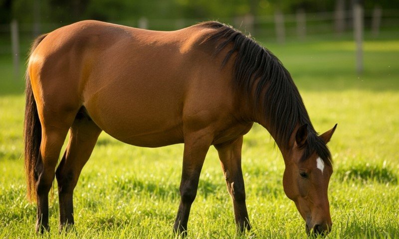 Ein Pferd grast friedlich in einem weitläufigen Feld