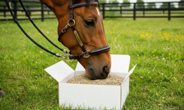 Ein Pferd frisst aus einer Box in einem Feld