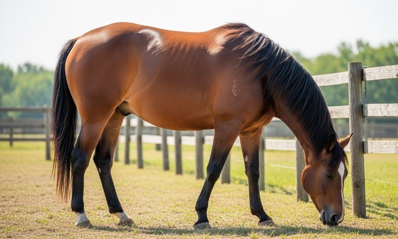 Ein Pferd grast friedlich in einer weitläufigen Wiese