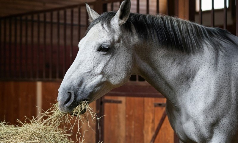 Ein Pferd frisst Heu in einem Stall