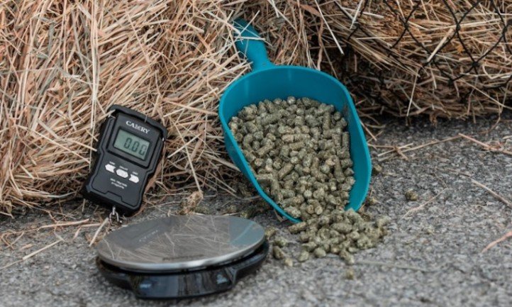 Eine auf Null gestellte Digitalwaage steht neben einer leuchtend blauen Schaufel, die überquillt von Heupellets, neben einem groben Strohballen